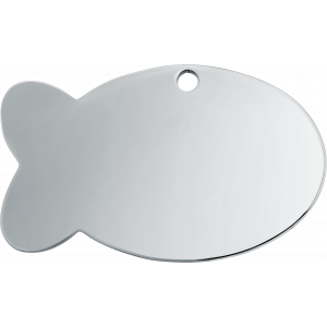 Sølvfarget fiskformet ID-brikke i rustfritt stål, 30 × 20 mm, med hull øverst for feste i halsbånd.
