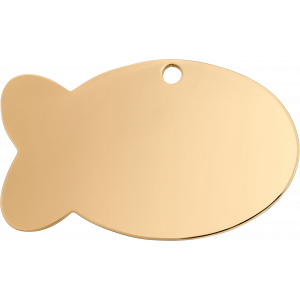 Fiskformet gullfarget kjæledyrbrikke i rustfritt stål, 30 × 20 mm, med glatt finish og hull for halsbånd.