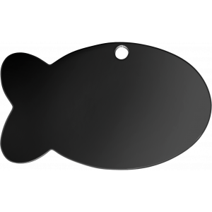Speilblank svart fiskformet kjæledyrbrikke i rustfritt stål, 30 × 20 mm, med avrundede kanter og hull for feste.
