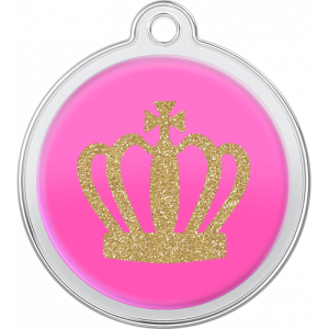 Kongekrone Rosa ID-brikke Rosa rund id brikke hund i rustfritt stål, 30 × 33 mm, med gullglitrende krone og hull for sikker festing.