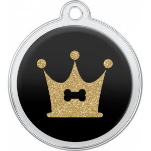 krone/bein Svart Id-brikke Svart rund id brikke hund i rustfritt stål, 30 × 33 mm, med glitrende gullkrone og beinmotiv, hull for halsbånd.