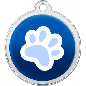 Potedesign Blå ID-brikke Blå rund id brikke hund i rustfritt stål, 30 × 33 mm, med hvit og lyseblå pote og hull for halsbånd.