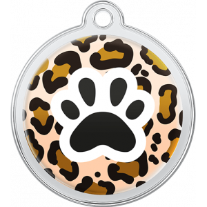 Dyremønster Gepard ID-brikke Rund id brikke hund i rustfritt stål, 30 × 33 mm, med leopardmønster og svart pote, hull for halsbånd.