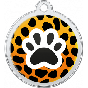 Oransje leopardmønstret id brikke hund i rustfritt stål, 30 × 33 mm, med svart pote og hull for halsbånd.