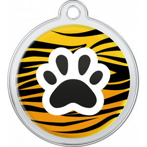 Dyremønster Tiger ID-brikke Tigerstripet rund id brikke hund i rustfritt stål, 30 × 33 mm, med svart pote og hull for enkel festing.