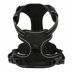 Svart anti-trekk hundesele med polstret brystplate, refleksdetaljer og D-ring foran for bånd.