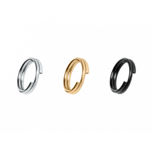 Split Rings I Rustfritt Stål Sett med tre delte ringer i rustfritt stål – sølv, gull og svart – 10 mm, med rustfri finish og glatt overflate.